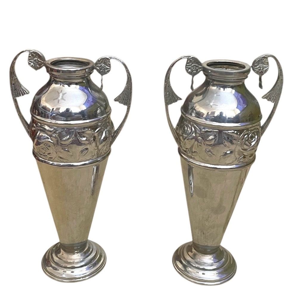 Pair Of  Silver Plated Urn Vase Embossed Relief Ornate Pattern Band And‎ Handles